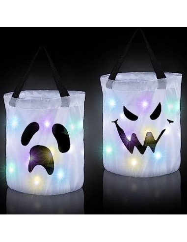 ZHDOKa 2 Cubos Iluminados para Truco o Trato de Halloween, Bolsas de Caramelos Grandes de Calabaza LED, Cubo de Regalo