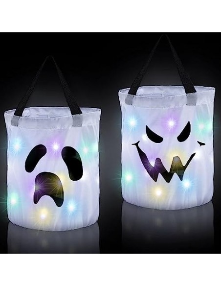 ZHDOKa 2 Cubos Iluminados para Truco o Trato de Halloween, Bolsas de Caramelos Grandes de Calabaza LED, Cubo de Regalo