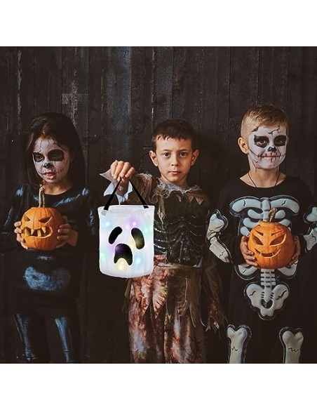 ZHDOKa 2 Cubos Iluminados para Truco o Trato de Halloween, Bolsas de Caramelos Grandes de Calabaza LED, Cubo de Regalo