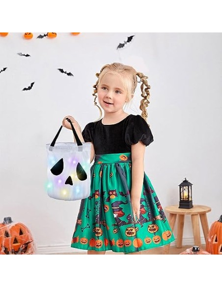 ZHDOKa 2 Cubos Iluminados para Truco o Trato de Halloween, Bolsas de Caramelos Grandes de Calabaza LED, Cubo de Regalo