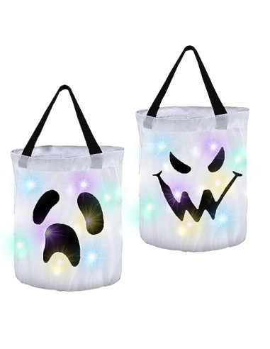 ZHDOKa 2 Cubos Iluminados para Truco o Trato de Halloween, Bolsas de Caramelos Grandes de Calabaza LED, Cubo de Regalo