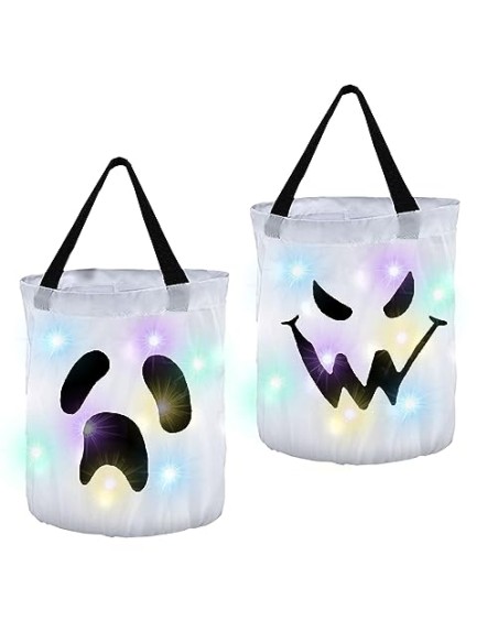 ZHDOKa 2 Cubos Iluminados para Truco o Trato de Halloween, Bolsas de Caramelos Grandes de Calabaza LED, Cubo de Regalo
