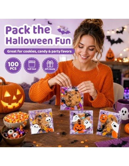 PIPABD 100 Piezas Bolsas Chuches Halloween, Bolsas de Caramelos para Truco o Trato, Regalo para Fiestas de Halloween 10 * 10(B)