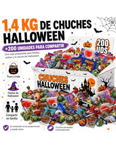 IAMI Caja de Chuches Surtidas Halloween 1,4 kg con +200 Caramelos Envueltos | Piruletas, gominolas de frutas y caramelo