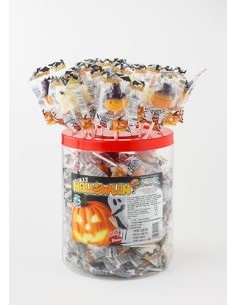 Piruletas Halloween. Caramelo con Palo en forma de Calabaza y Fantasma. Sabor cereza. Sin Gluten ni Alérgenos. Bote de 100