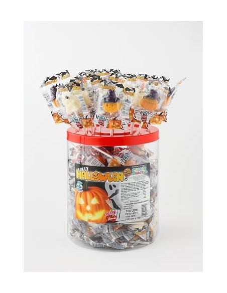 Piruletas Halloween. Caramelo con Palo en forma de Calabaza y Fantasma. Sabor cereza. Sin Gluten ni Alérgenos. Bote de 100