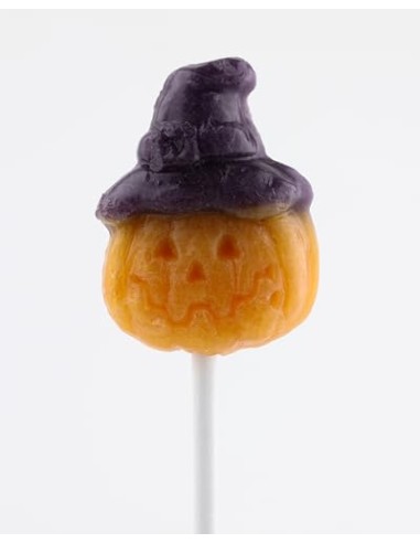 Piruletas Halloween. Caramelo con Palo en forma de Calabaza y Fantasma. Sabor cereza. Sin Gluten ni Alérgenos. Bote de 100