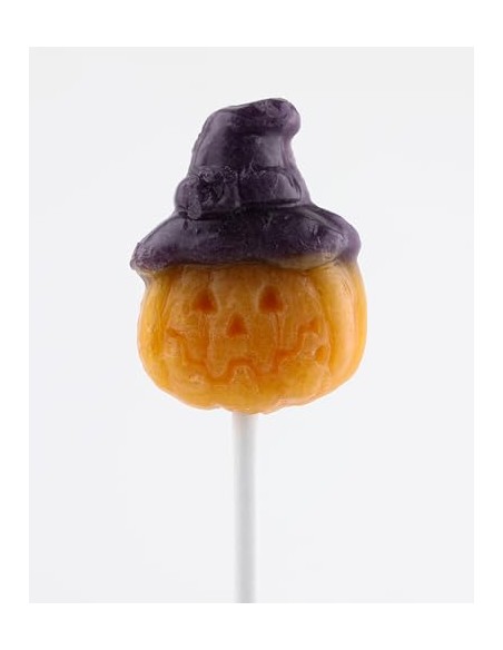 Piruletas Halloween. Caramelo con Palo en forma de Calabaza y Fantasma. Sabor cereza. Sin Gluten ni Alérgenos. Bote de 100