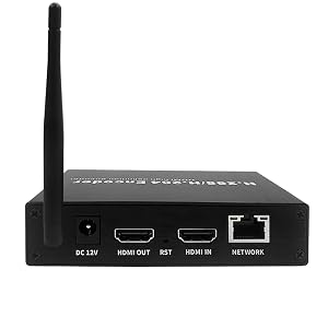 Dispositivo multimedia en red negro con una sola antena, con puertos de entrada/salida HDMI, conexiones de red y entrada de alimentación DC en el
